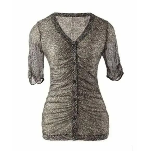 CAbi Leopard Sheer Gathered Placket Ruched Blouse Half Sleeve M Black White - Picture 12 of 15